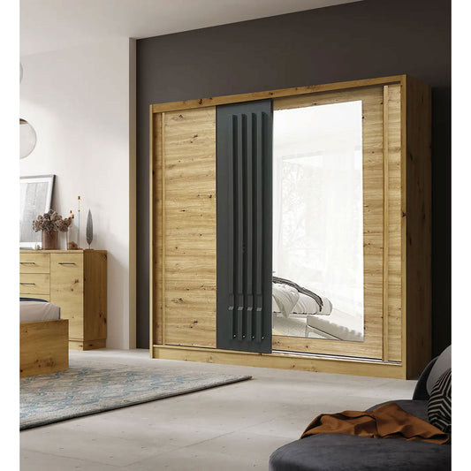 AVANTGARDE 200cm Sliding Wardrobe - Oak & Graphite with Mirror