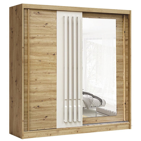 AVANTGARDE 200cm Sliding Wardrobe - Oak & White with Full Mirror