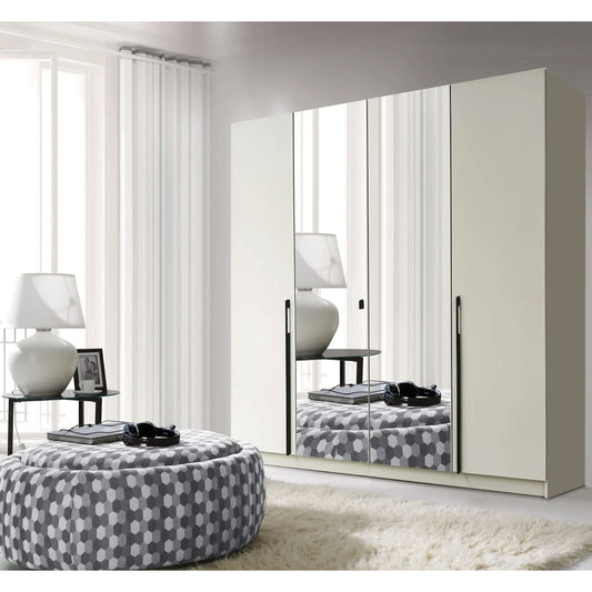DENVER 4-Door Wardrobe - Cream with Twin Mirror Panels