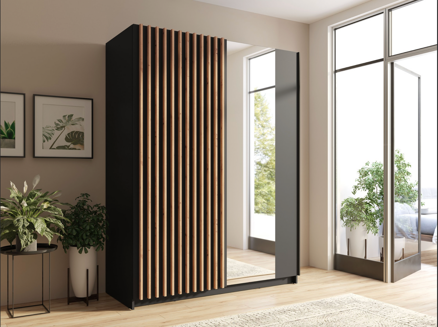 DALIA 150cm Sliding Wardrobe| Black Laminate & Artisan Oak