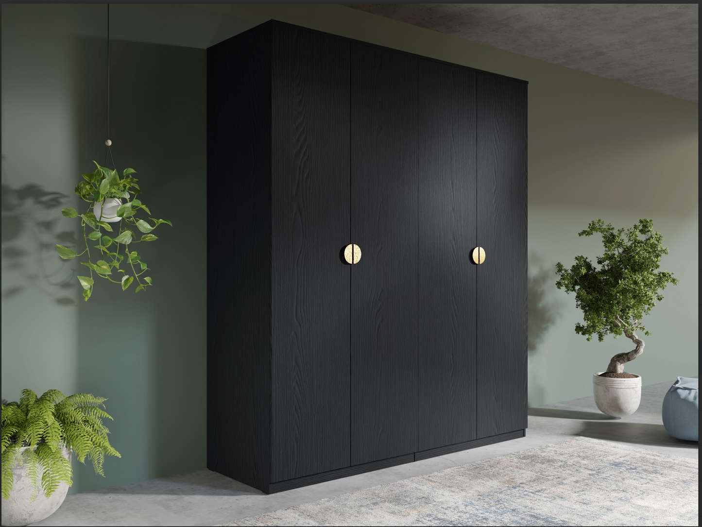 MOND 4 Door Wardrobe – Black Graphite 4 Door Wardrobe with Gold Handles