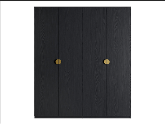 MOND 4 Door Wardrobe – Black Graphite 4 Door Wardrobe with Gold Handles