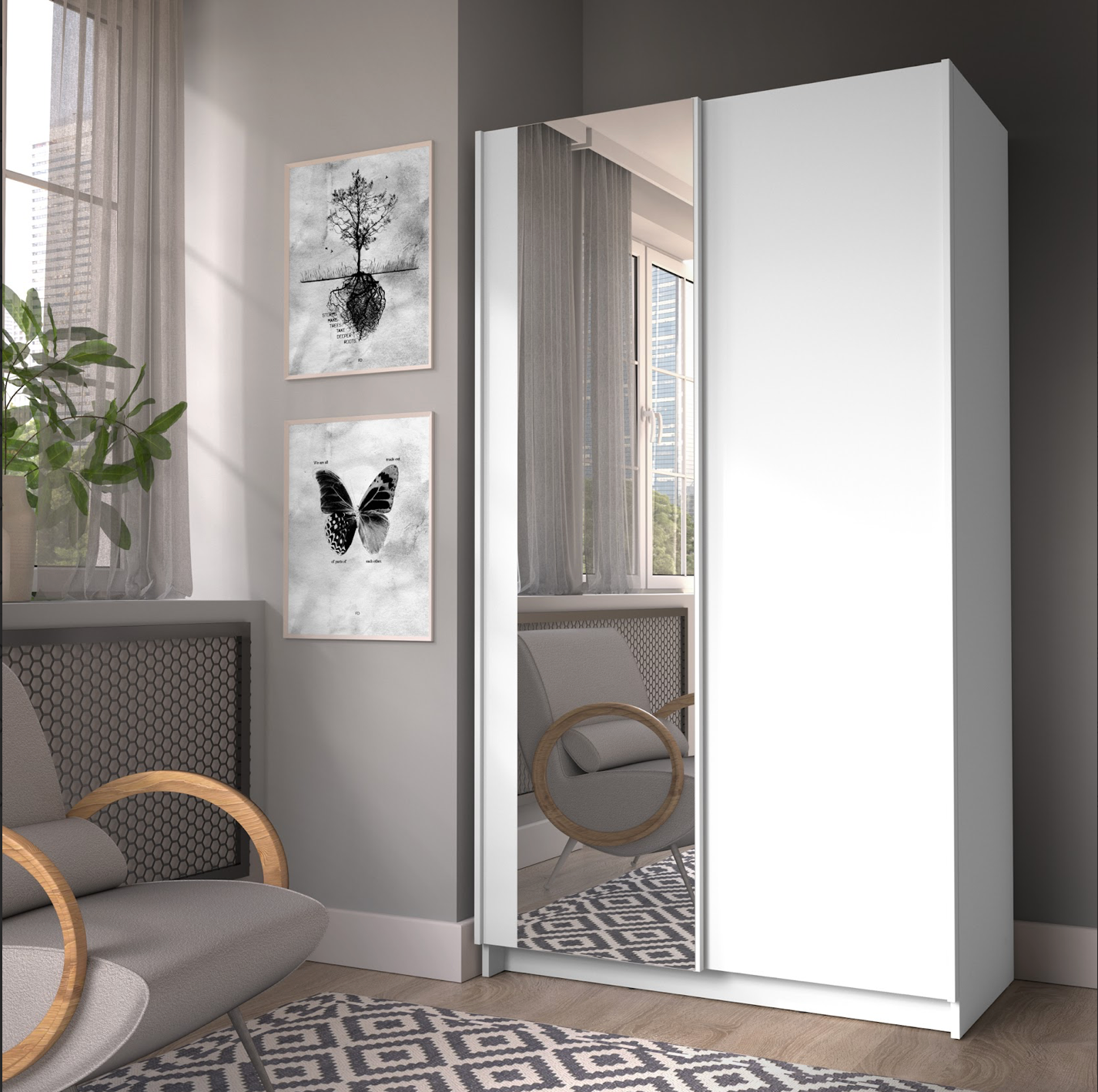 SOFIA 100cm | White Sliding Wardrobe with Mirror