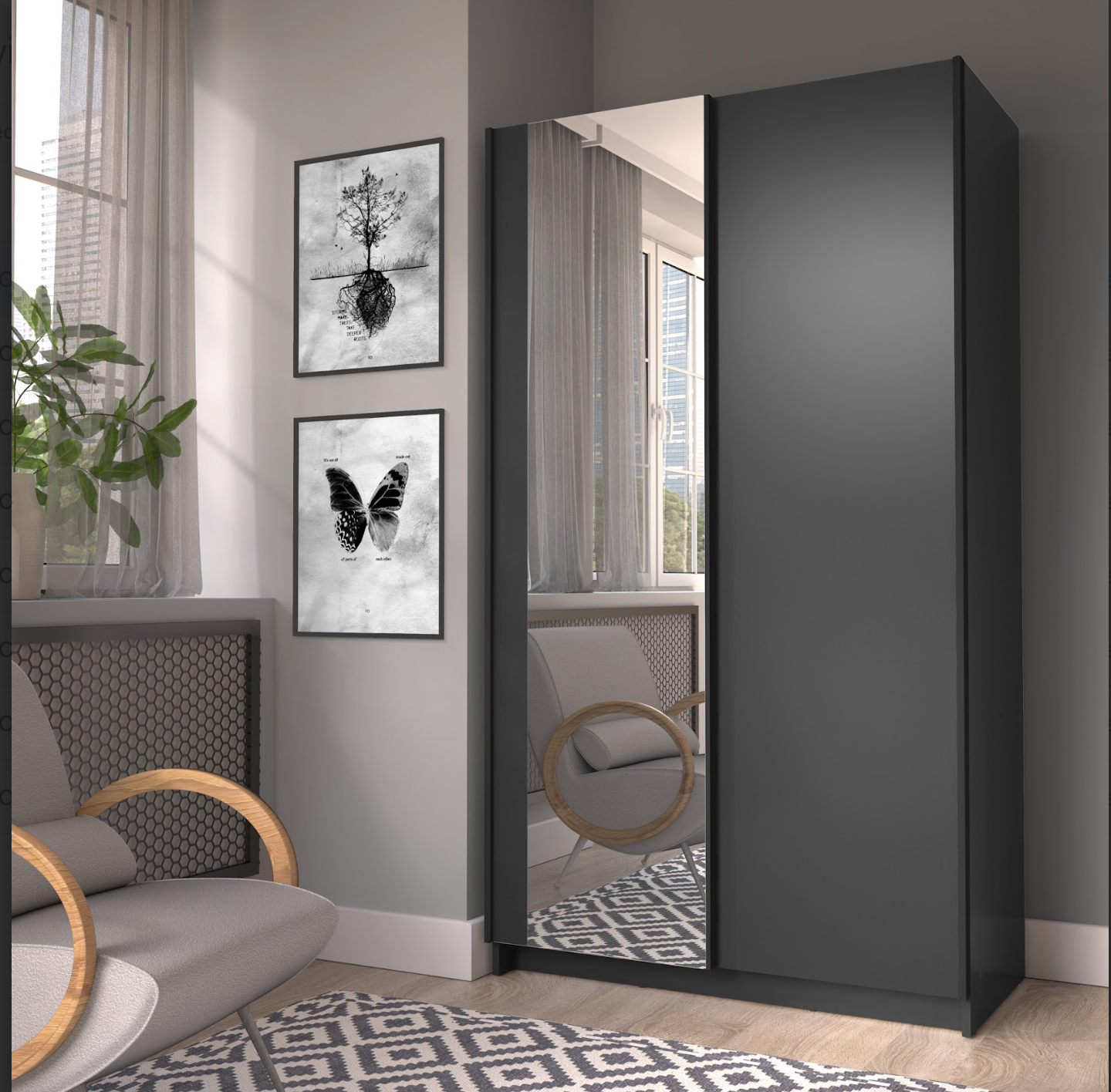 SOFIA 100cm | Black Sliding Wardrobe with Mirror