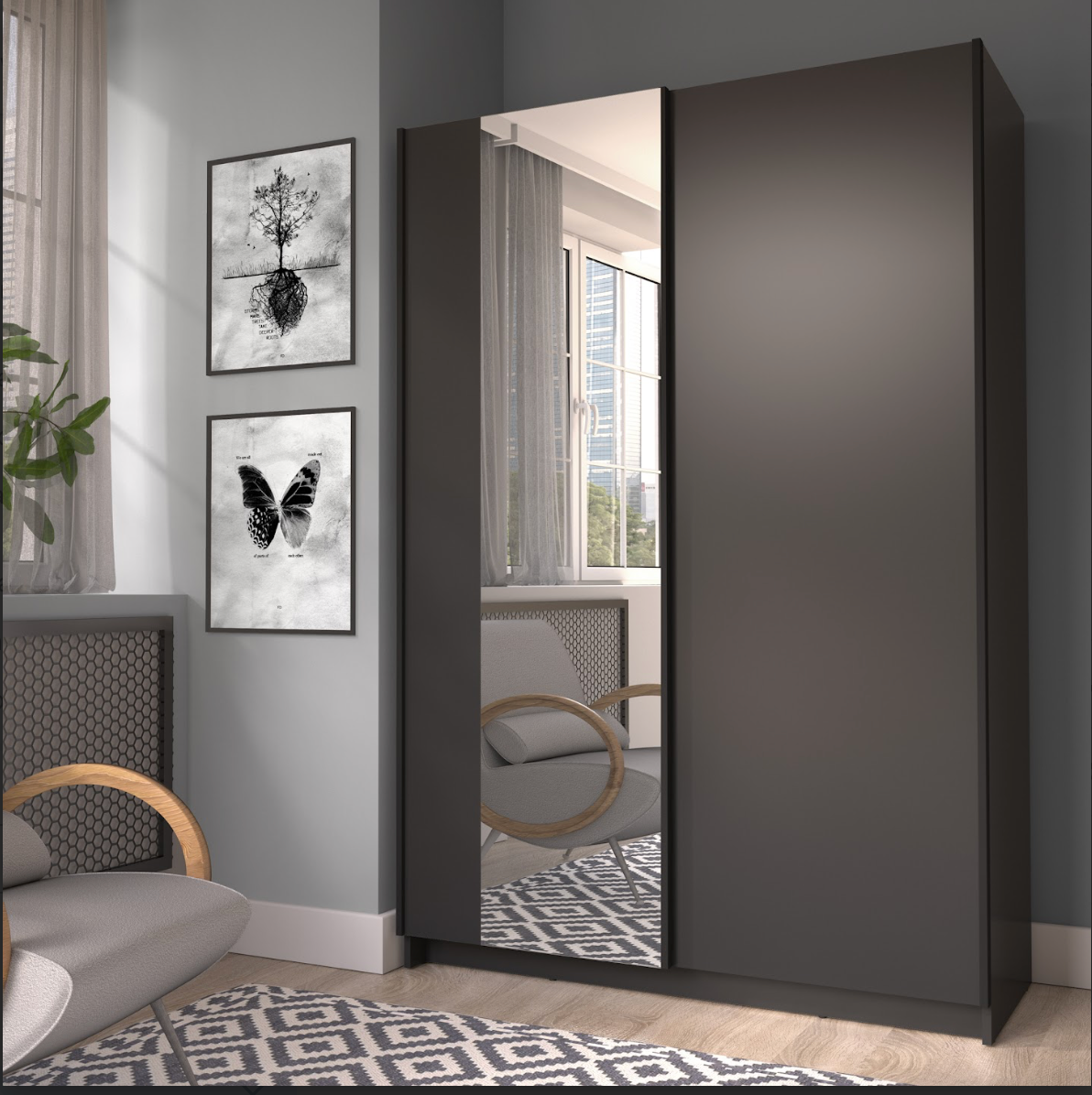 SOFIA 120cm | Black Sliding Wardrobe with Mirror – 120cm