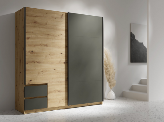 URIEL 180cm Sliding Wardrobe – Artisan Oak & Graphite Grey with Drawers