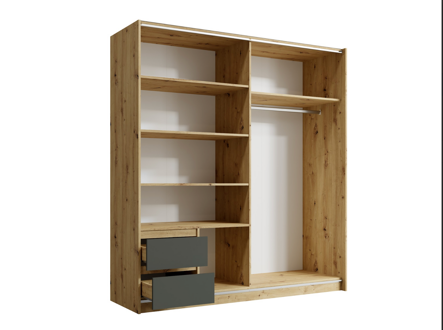 URIEL 180cm Sliding Wardrobe – Artisan Oak & Graphite Grey with Drawers
