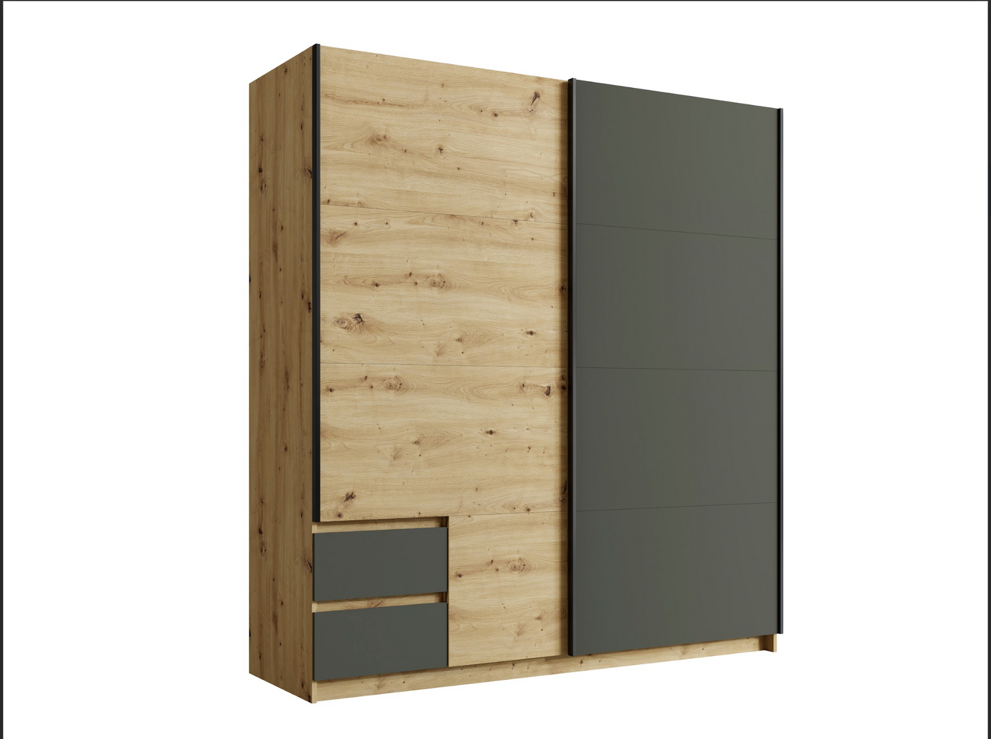 URIEL 180cm Sliding Wardrobe – Artisan Oak & Graphite Grey with Drawers
