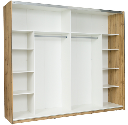 WOOD 250cm Sliding Wardrobe – White High Gloss & Oak Wotan
