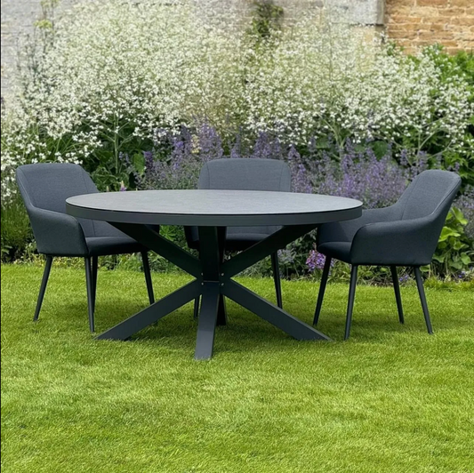 SAN PEDRO 175cm Round Dining Table with 8 Dining Chairs in Dark Grey Fabric