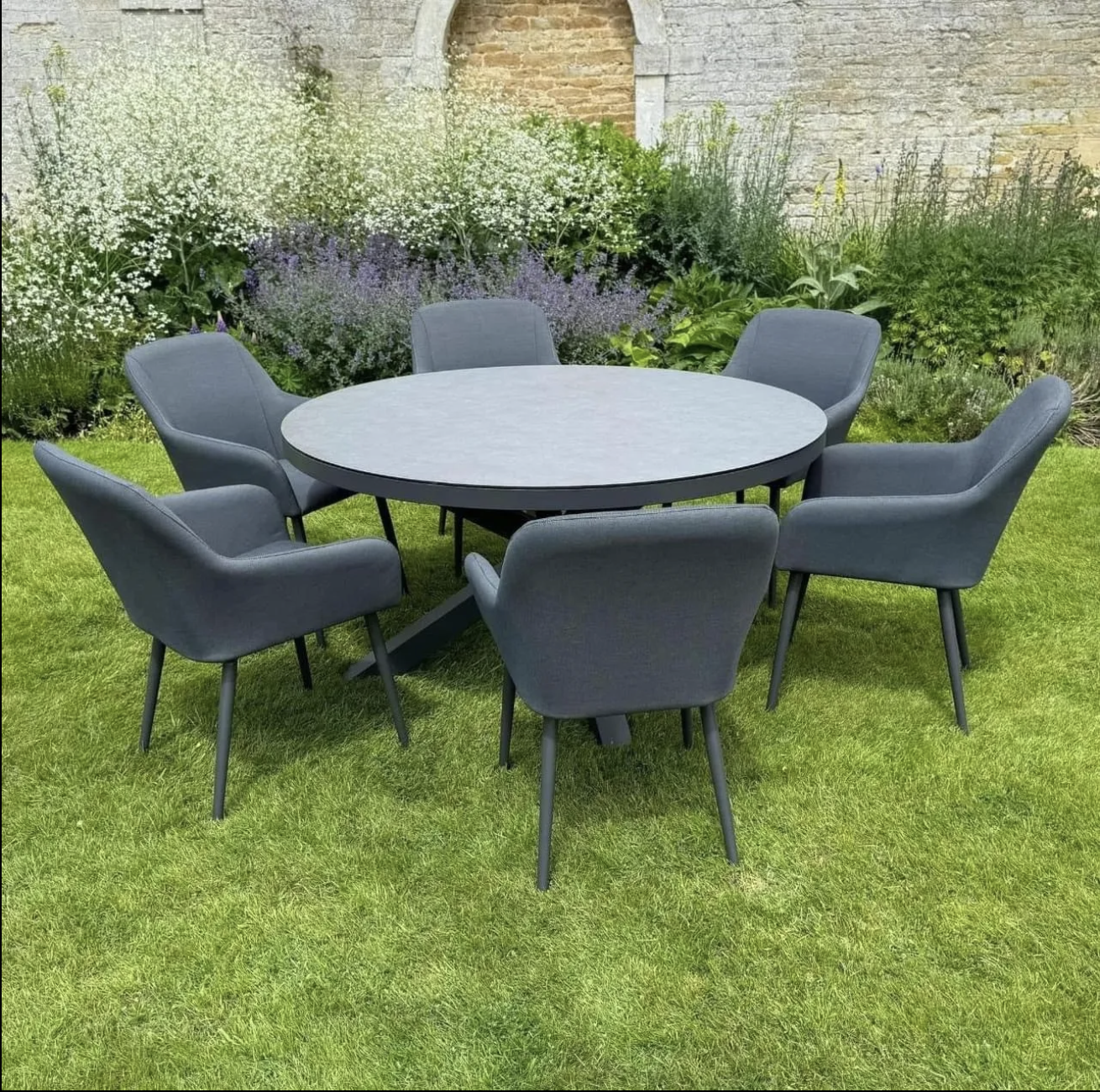 SAN PEDRO 150cm Round Dining Table with 6 Dining Chairs in Dark Grey Fabric