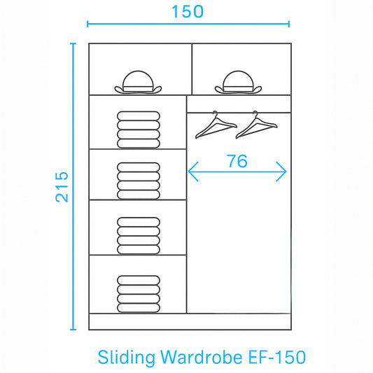 Measurement chart of a sliding wardrobe with dimensions labeled