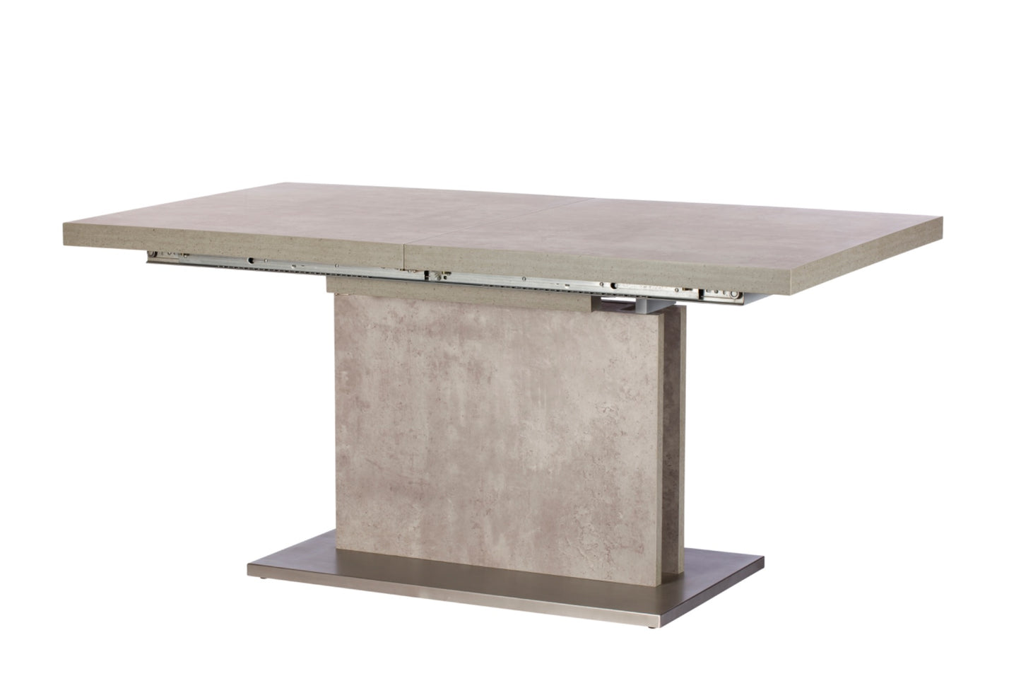 PETRA 160–220cm Extending Dining Table – Concrete Effect with Brushed Steel Base