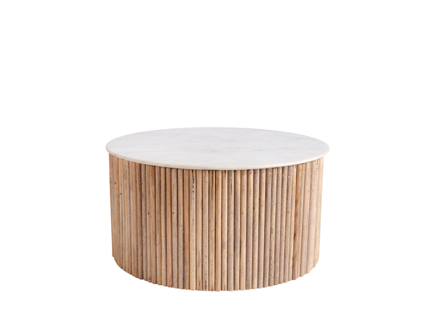 REED Coffee Table – Round Fluted Wood with Marble Effect Top (Pre-Order, 21-Day Lead Time)