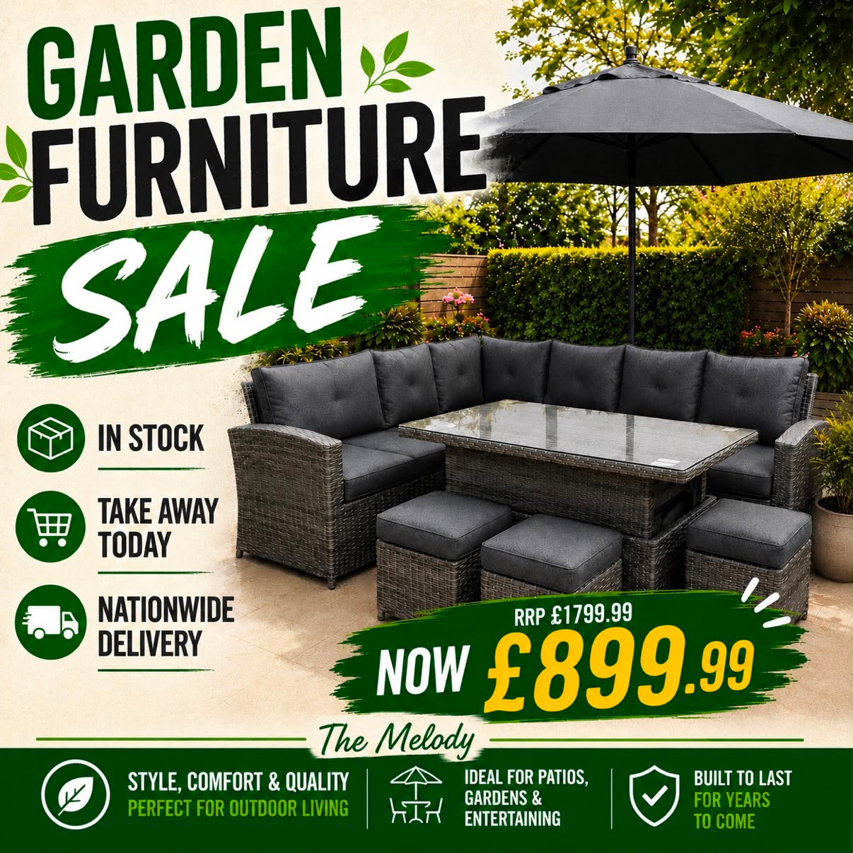 MELODY Corner Sofa with Rising Table and 3 Stools in Grey