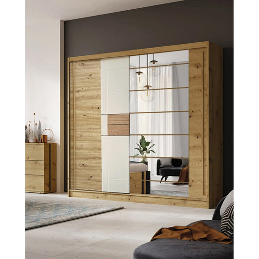 Wooden wardrobe with mirror in a room setting