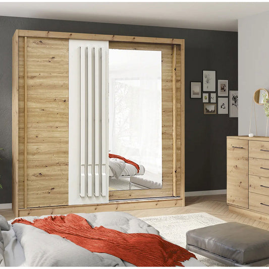 AVANTGARDE 200cm Sliding Wardrobe - Oak & White with Full Mirror