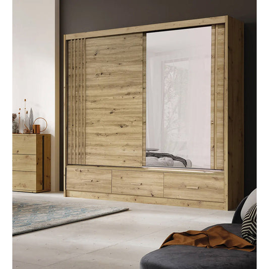 CANADA 200cm Sliding Wardrobe with Drawers – Full Oak & Mirror