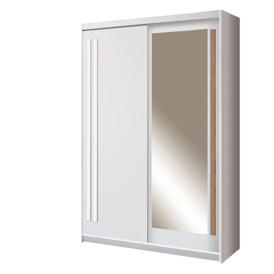 White wardrobe with a mirror on a white background