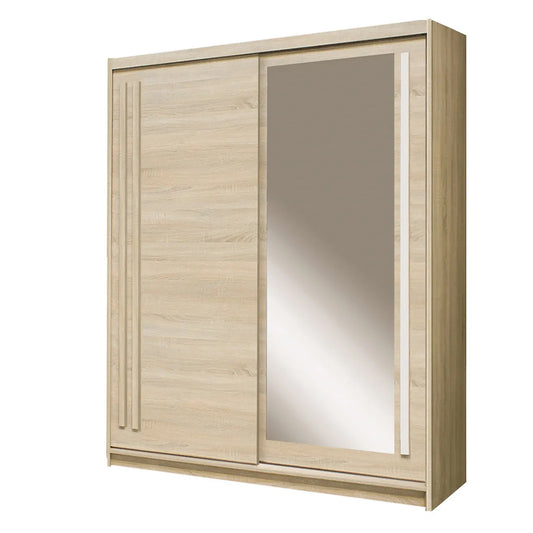 Wooden wardrobe with sliding doors on a white background