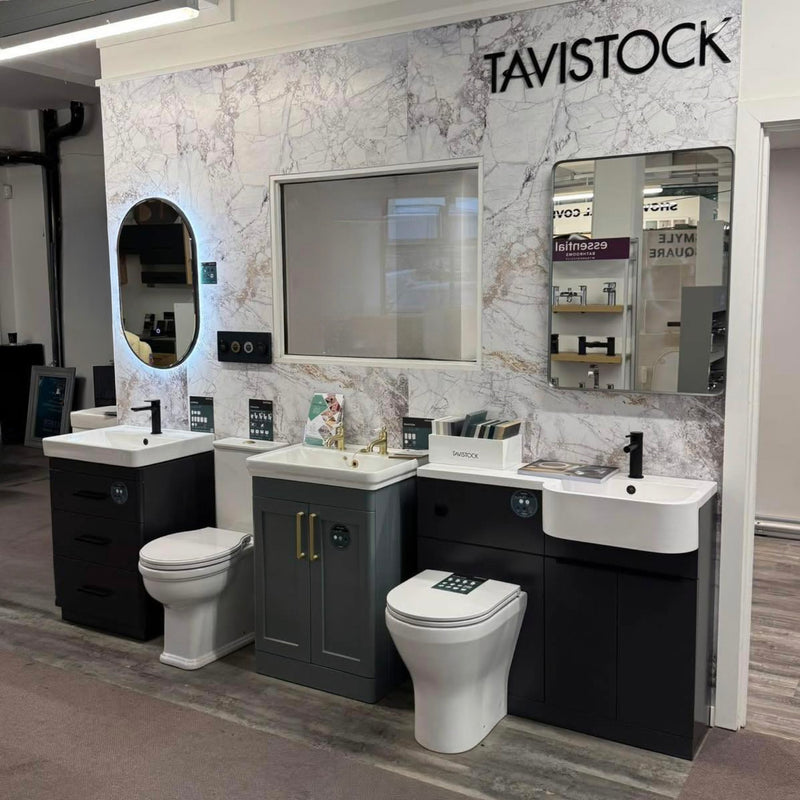 Bathroom showroom with Tavistock branded fixtures and fittings.