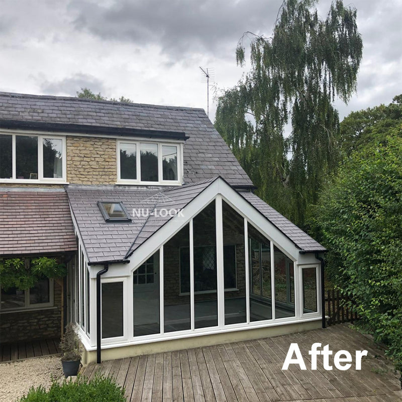 Nu-Look after image of a conservatory with a pitched tiled roof.