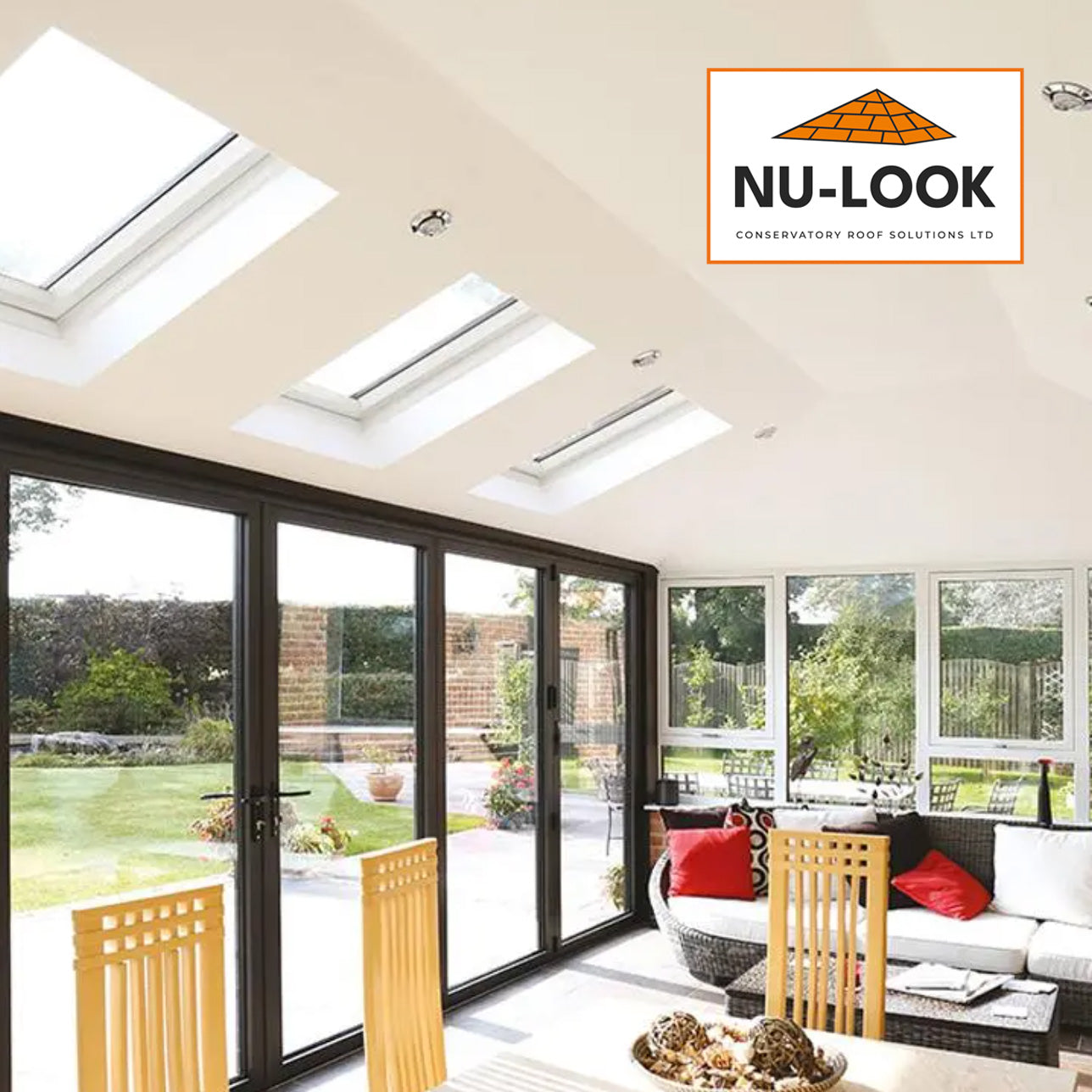Nu-Look internal picture of a conservatory after the glass roof has been replaced by a tiled roof.