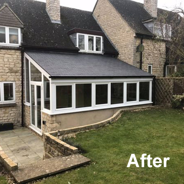 Nu-Look after image of a Lean-To conservatory with a tiled roof.