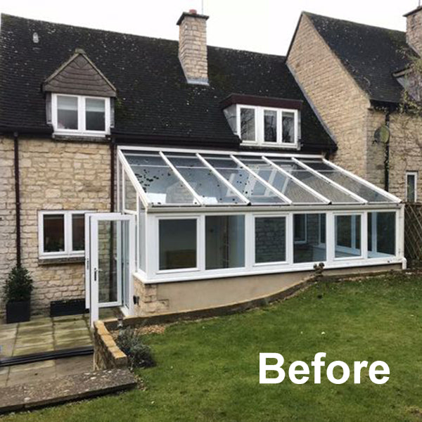 Nu-Look before image of a Lean-To conservatory with a glass roof.