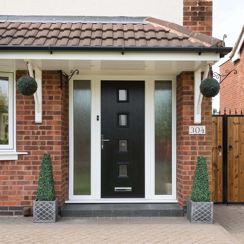 Beautiful black front door with 4 rows of windows