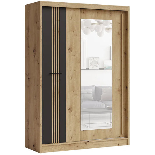Wooden wardrobe with a mirror on a white background