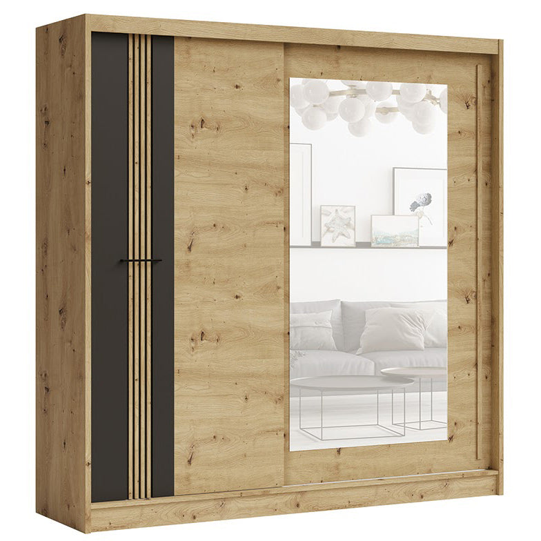 Wooden wardrobe with a mirror panel on a white background