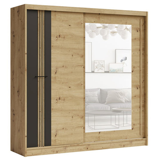 Wooden wardrobe with a mirror panel on a white background
