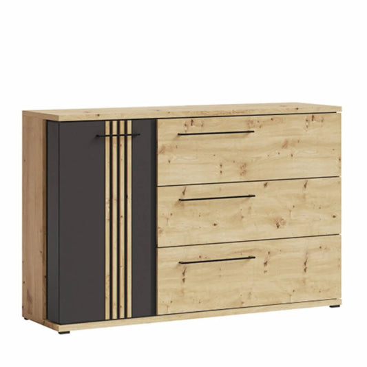 Wooden sideboard with black panel and drawers on a white background