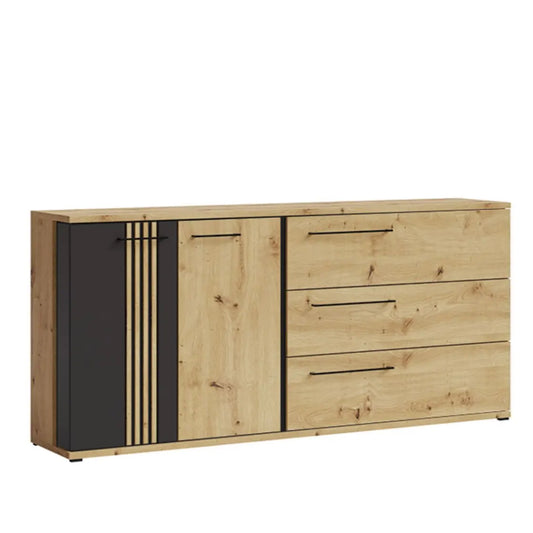 Wooden sideboard with black accent on a white background