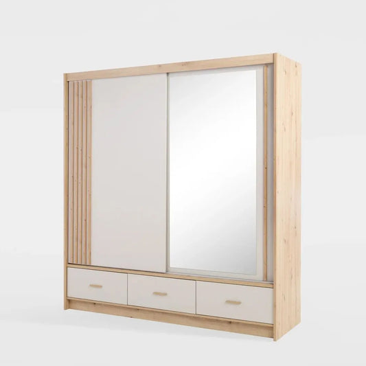 Wooden wardrobe with mirror and drawers on a white background