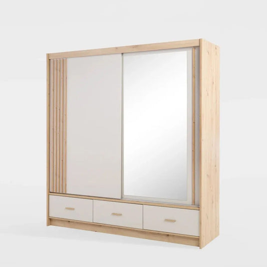 NEVADA 200cm Sliding Wardrobe - Oak & Cashmere with Drawers