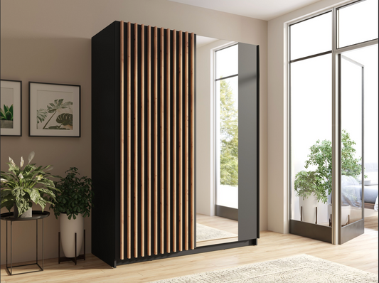 DALIA 150cm Sliding Wardrobe| Black Laminate & Artisan Oak