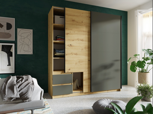 URIEL 180cm Sliding Wardrobe – Artisan Oak & Graphite Grey with Drawers