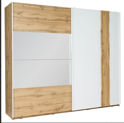 WOOD 250cm Sliding Wardrobe – White High Gloss & Oak Wotan