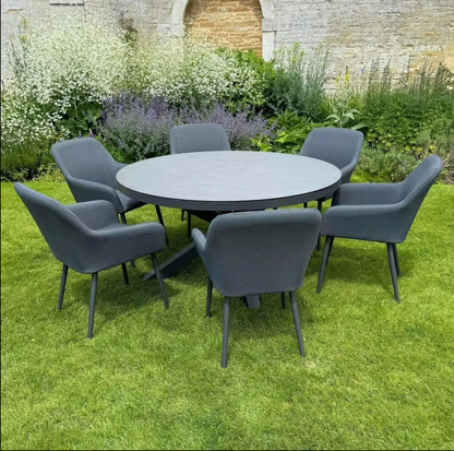 SAN PEDRO 150cm Round Dining Table with 6 Dining Chairs in Dark Grey Fabric