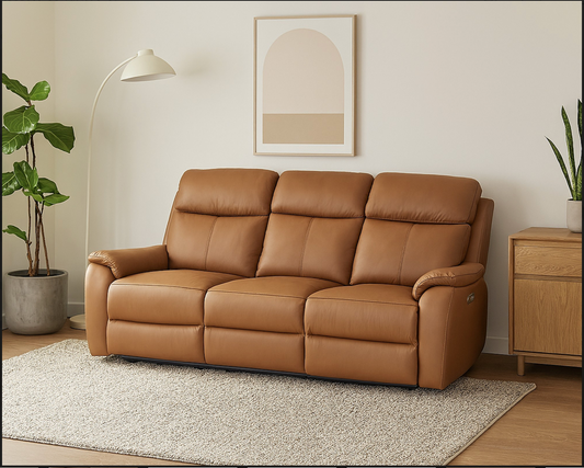 KINGSTON Genuine Leather 3-Seater Recliner Sofa – Tan