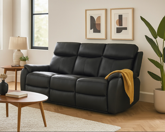KINGSTON Genuine Leather 3-Seater Recliner Sofa – Black