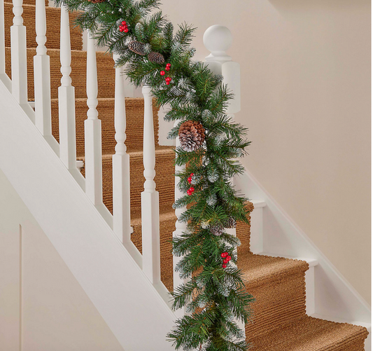 FROSTED WINTERBERRY 9ft Pre-Lit Garland – 150 LED, 8 Function, Battery Operated