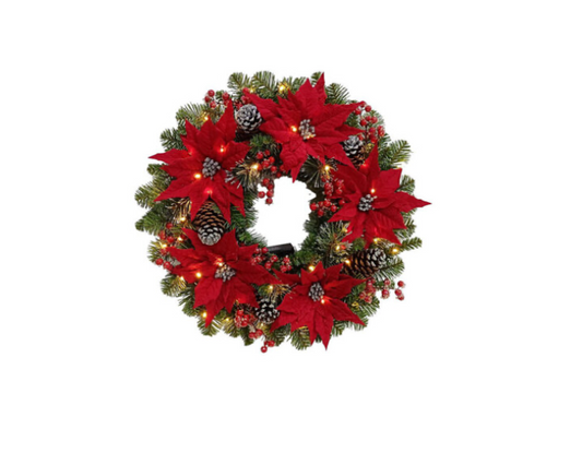 POINSETTIA PINE 26" Pre-Lit Christmas Wreath – 50 LED, 8 Function, Battery Operated