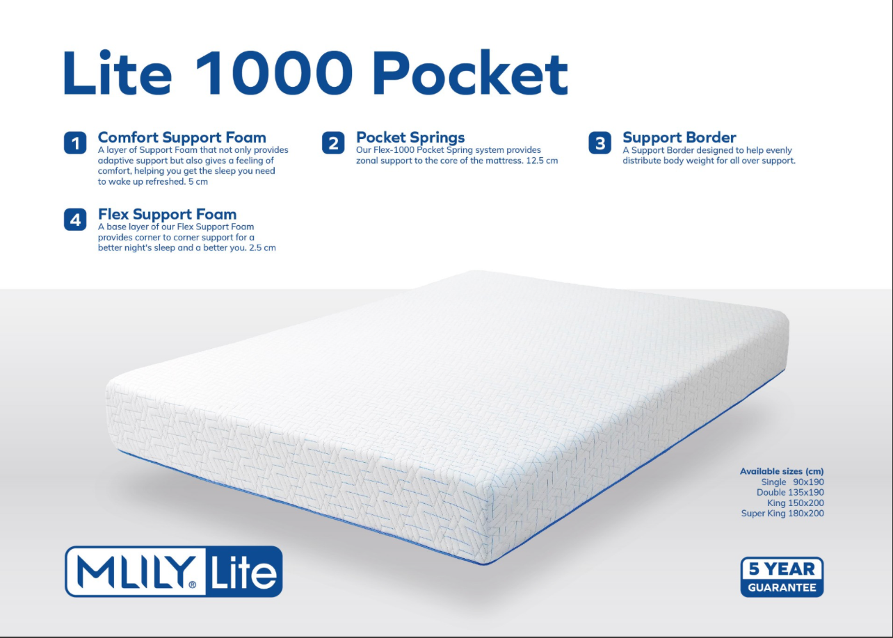 MLILY LITE 1000  Pocket Mattress – Double (190x135cm) | Pre-Order DHD 10–14 Days