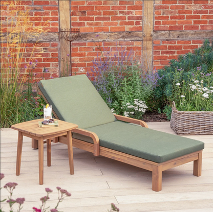 MEADOW Sun Lounger & Sidetable| Wooden Garden Reclining Lounger with Cushions