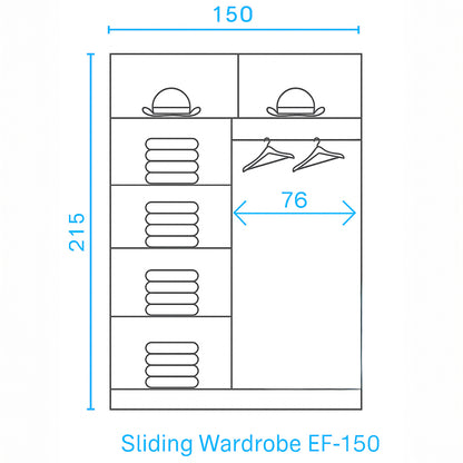 Measurement chart of a sliding wardrobe with dimensions labeled