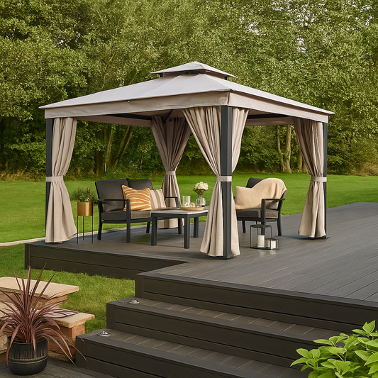 Carlos 3x3m Garden Gazebo with LED Lights & Curtains – Aluminium Frame